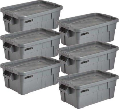 Picture of Rubbermaid Commercial Products BRUTE Tote Storage Bin with Lid, 14-Gallon, Gray, Rugged/Reusable Boxes for Moving/Camping/Garage/Basement Storage, Pack of 6