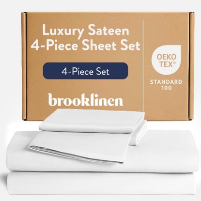 Picture of Brooklinen Luxury Sateen 4 Piece Sheet Set - 100% Cotton Bed Sheets, Soft & Durable Queen Size Sheets Set in White, Oeko-TEX Certified Bedding Set, 1 Fitted Sheet, 1 Flat Sheet, 2 Pillowcases