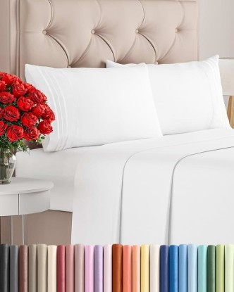 Picture of Queen Size 4 Piece Sheet Set - Comfy Breathable & Cooling Sheets - Hotel Luxury Bed Sheets for Women & Men - Deep Pockets, Easy-Fit, Extra Soft and Wrinkle Free Sheets - White Oeko-Tex Bed Sheet Set OEKO-TEX MADE IN GREEN