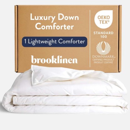 Picture of Brooklinen Lightweight Canadian Down Comforter, Breathable Summer Duvet Insert, 100% Cotton Sateen Shell, Ultra-Soft Fluffy Bedding, Baffle Box, Secure Duvet Loops - King/Cali King