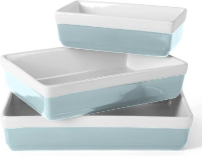 Picture of Martha Stewart 3-Piece Oven to Table Stoneware Bakeware Set – Baking Dish & Casserole Set – Dusty Blue – Durable Oven-Safe Bakeware for Baking and Serving