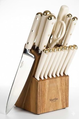 Picture of Martha Stewart Knife Block Set 16-Piece - Lockton High Carbon Stainless Steel Forged Full Tang Chef Knives, Acacia Wood Block, Triple Riveted Handles, Linen White & Gold