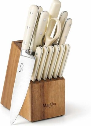 Picture of Martha Stewart Eastwalk 14 Piece High Carbon Stainless Steel Cutlery Kitchen Knife Block Set w/ABS Triple Riveted Forged Handle Acacia Wood Block - Linen White