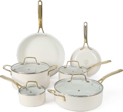 Picture of Martha Stewart Lockton Premium Non stick Non Toxic PFA Free Ceramic Interior 10 Piece Heavy Gauge Enamel Aluminum Pots and Pans Cookware Set - Linen White w/Gold Handle