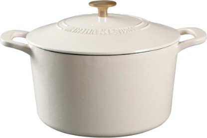 Picture of Martha Stewart Gatwick 7-Quart Enamel Cast Iron Dutch Oven – Linen White With Gold – Heavy-Duty Dutch Oven for Slow Cooking, Braising & Baking