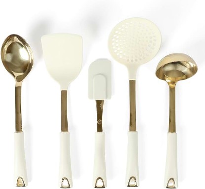 Picture of Martha Stewart Lockton 5-Piece Kitchen Tool Set – Stainless Steel & Nylon Cooking Utensils with Linen Handles and Gold Accents, Durable Heat-Resistant Kitchen Gadgets