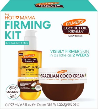 Picture of Palmer's Brazilian Coco Hot Mama Firming Kit, Coconut Oil Formula Skin Care Duo with Firming Body Cream (8.8 Oz) + Body Oil (6.6 Fl Oz) Helps Tone Bum, Belly & Thighs, Provides 48 Hour Moisture