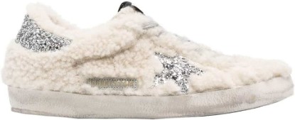 Picture of Golden Goose Super-Star Shearling Upper Glitter Star and Heel Womens Distressed Sneakers