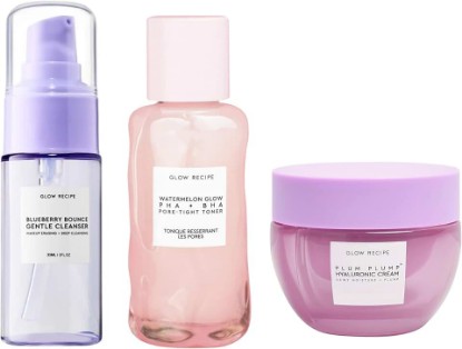 Picture of Glow Recipe Blueberry Bounce Gentle Face Cleanser (30 ml) + Watermelon Glow PHA + BHA Facial Toner & Pore Minimizer (40 ml) + Plum Plump Hyaluronic Acid Face Cream (20 ml) - Travel Friendly