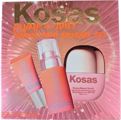 Picture of Kosas Plump + Juicy Makeup Prep Skincare Set – 3-Piece Mini Set with Collagen Spray-On Serum (1 oz), DreamBeam Sunlit SPF 40 PA++++ Sunscreen (0.5 oz), and Lip Booster (0.17 oz)