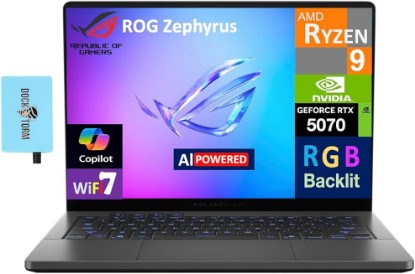 Picture of ASUS ROG Zephyrus G14 AI Gaming Laptop 14.0" 120Hz Display (AMD Ryzen 9 270, GeForce RTX 5070 8GB, 32GB LPDDR5X, 1TB PCIe SSD, RGB Keyboard, WiFi 7, Webcam, Win 11 Pro) w/DKZ USB Port Expander Global Recycled Standard