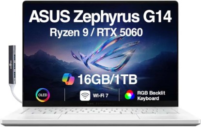 Picture of ASUS ROG Zephyrus G14 AI Gaming Laptop 14.0" ROG Nebula OLED 2.8K 500nits Display (AMD Ryzen 9 270, GeForce RTX 5060 8GB, 16GB LPDDR5X, 1TB SSD, WiFi 7, RGB KYB, Win 11 Pro) w/DKZ USB Port Expander Global Recycled Standard