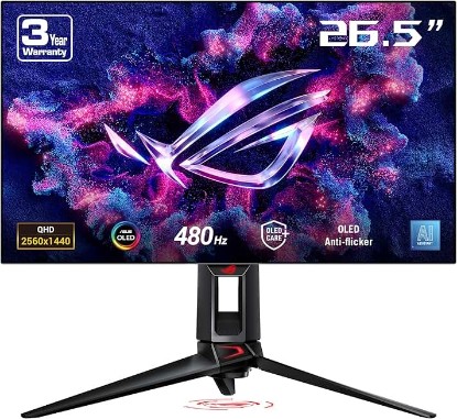 Picture of ASUS ROG Swift OLED PG27AQDP gaming monitor ― 27-inch WOLED, 480Hz, 0.03ms, G-SYNC® compatible, custom heatsink, ASUS OLED Care+, AI Assistant, uniform brightness, 99% DCI-P3, and DisplayWidget Center