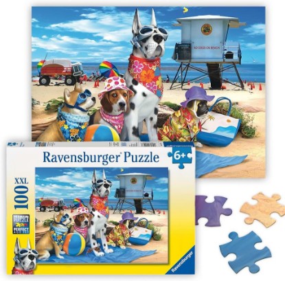 Picture of Ravensburger No Dogs on The Beach - 100 Piece Jigsaw Puzzle - Hilarious Beach Scene of Dogs Dressed for Seaside - Bold Colors - Premium Quality - Ideal Gift - Screen-Free Fun - Children Age 6+