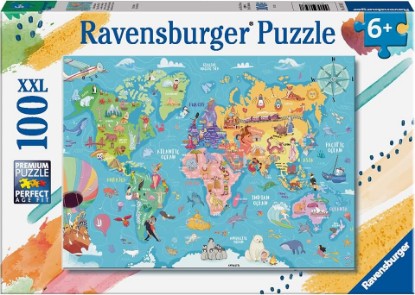Picture of Ravensburger World Map - 100 Piece Jigsaw Puzzle - XXL Pieces for Easy Assembly - Exciting, Bold and Colorful Imagery of Our World - Premium Quality - Ideal Gift - Screen-Free Fun - Children Age 6+ The Forest Stewardship Council