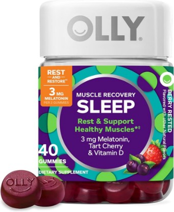 Picture of OLLY Muscle Recovery Sleep Gummies, Sleep and Healthy Muscle Support,* 3mg Melatonin, Tart Cherry Extract, Vitamin D, Berry Rested Flavor, 20 Day Supply - 40 Count