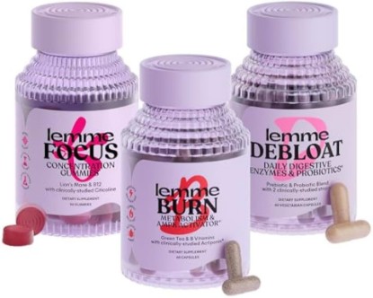 Picture of Lemme Burn, Debloat & Focus Bundle | Metabolism & Fat Burning + Bloating & Gas Relief Capsules + Focus & Brain Health Gummies | Gluten-Free, Non-GMO | 60 Count Capsules & 50 Count Gummies