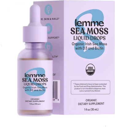 Picture of Lemme Irish Sea Moss Organic Liquid Drops with Vitamin D3 and Biotin for Trace Mineral Support, Immunity, Hair, Skin & Nails, Brain Health - Gluten & Sugar Free, Non GMO, 1 oz, 30 Servings USDA Organic