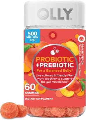 Picture of OLLY Probiotic + Prebiotic Gummy, Digestive Support and Gut Health, 500 Million CFUs, Fiber, Adult Chewable Supplement for Men and Women, Peach, 60 Day Supply - 60 Count
