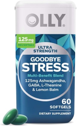 Picture of OLLY Ultra Strength Goodbye Stress Softgels, GABA, Ashwagandha, L-Theanine and Lemon Balm, Stress Relief Supplement - 60 Count