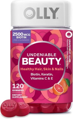 Picture of OLLY Hair Skin and Nails Gummies - Undeniable Beauty with Biotin 2500mcg Per 2 Gummies, Keratin & Vitamin C - Supports Healthy Hair, Skin, & Nails - Grapefruit Flavor - 120 Count