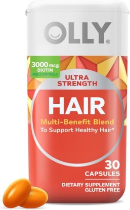 Picture of OLLY Ultra Strength Hair Softgels, Supports Hair Health, Biotin, Keratin, Vitamin D, B12, Hair Supplement, 30 Day Supply - 30 Count (Packaging May Vary)