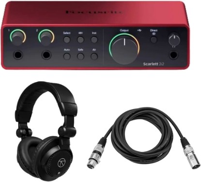 Picture of Focusrite Scarlett 2i2 4th Gen USB audio Interface with Software Suite bundle with TAPH100 Closed-Back Studio Monitor Headphones, H&A XLR M to F Professional Microphone Cable