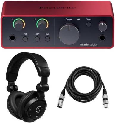 Picture of Focusrite Scarlett Solo 4th Gen USB Audio Interface with Software Suite, Bundle with Closed-Back Studio Monitor Headphones and H&A 10' XLR Microphone Cables (3 Items)