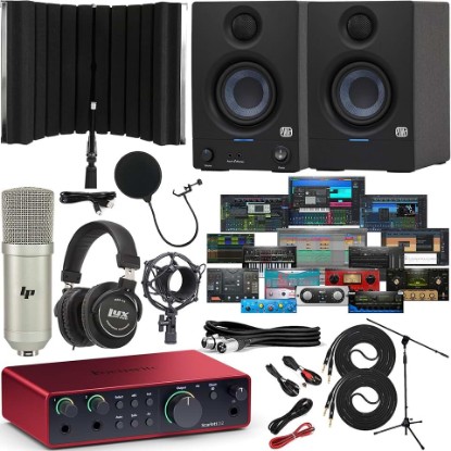 Picture of Focusrite Scarlett 2i2 4th Gen USB-C Audio Interface Bundle with PreSonus Eris 3.5 Studio Monitors Recording Shield Condenser Microphone Headphones and Cables