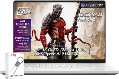 Picture of ASUS ROG Zephyrus G14 14" 3K OLED 120Hz Gaming Laptop Copilot+ PC AMD Ryzen AI 9 HX 370 NVIDIA RTX 5070 Ti 12GB 32GB LPDDR5X RAM 2TB SSD WiFi7 Win11 Platinum White w/2TB USB Drive, W/GaLiMu
